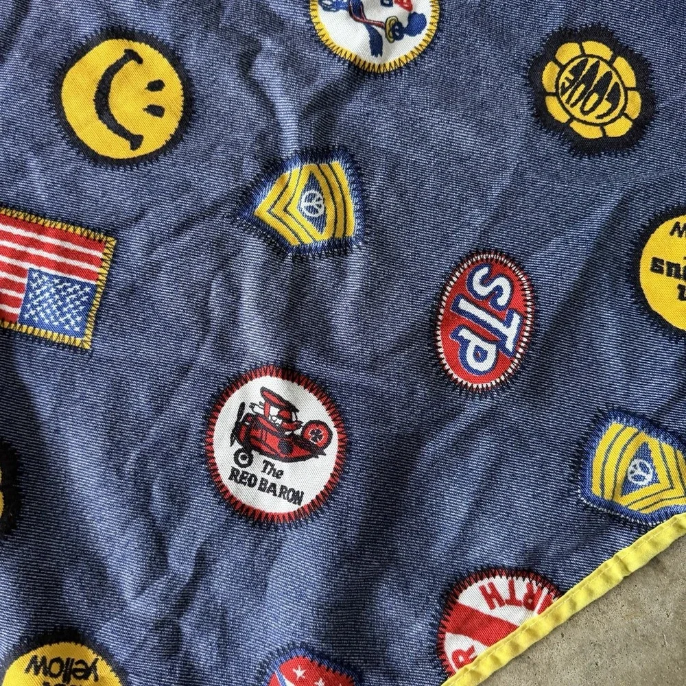 Vtg 1960's Patch Logo Denim Look Twin Bedspread STP Roadrunner Red Baron‎ Smiley